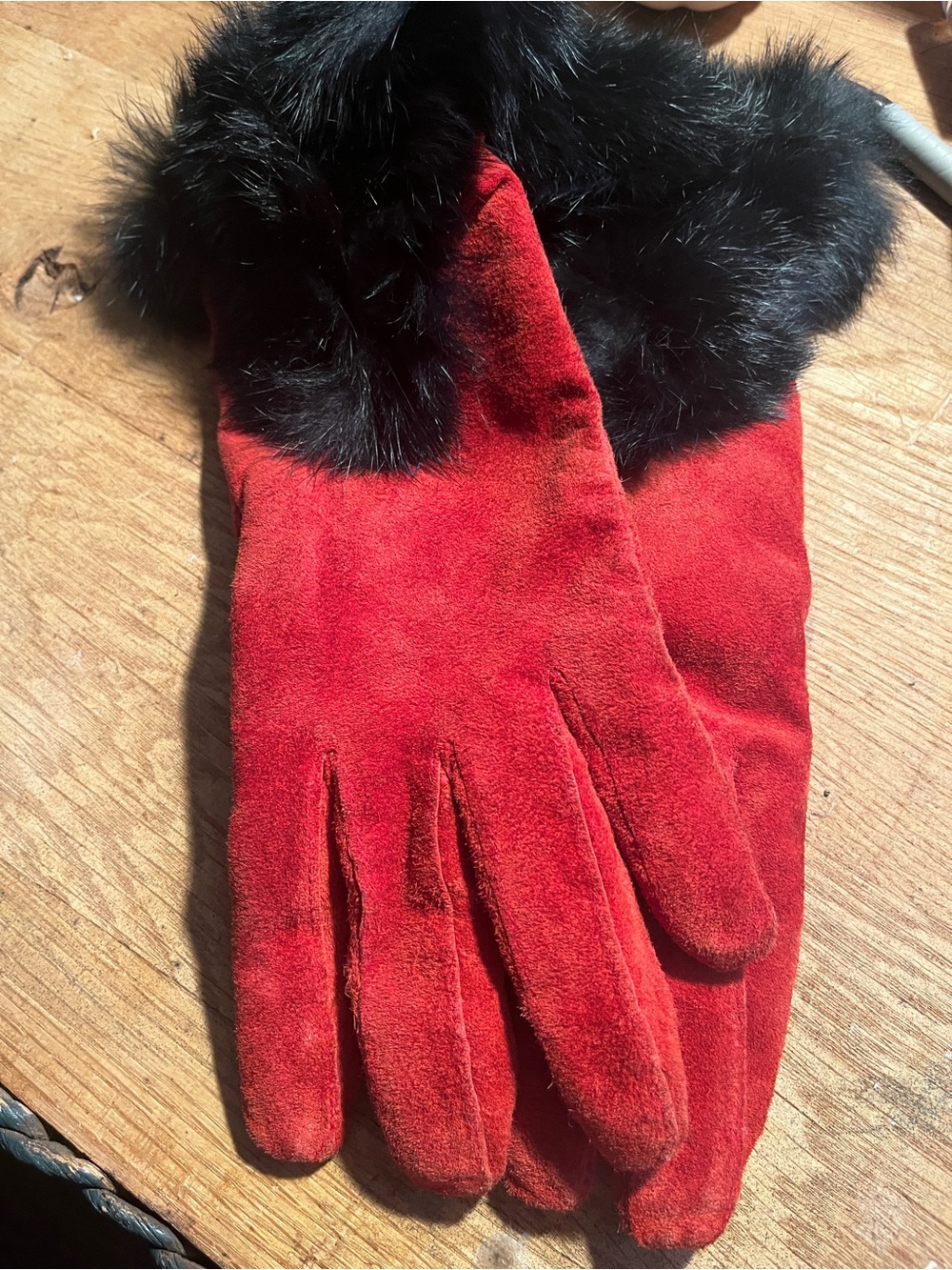 Genuine, red suede leather with rabbit fur!!